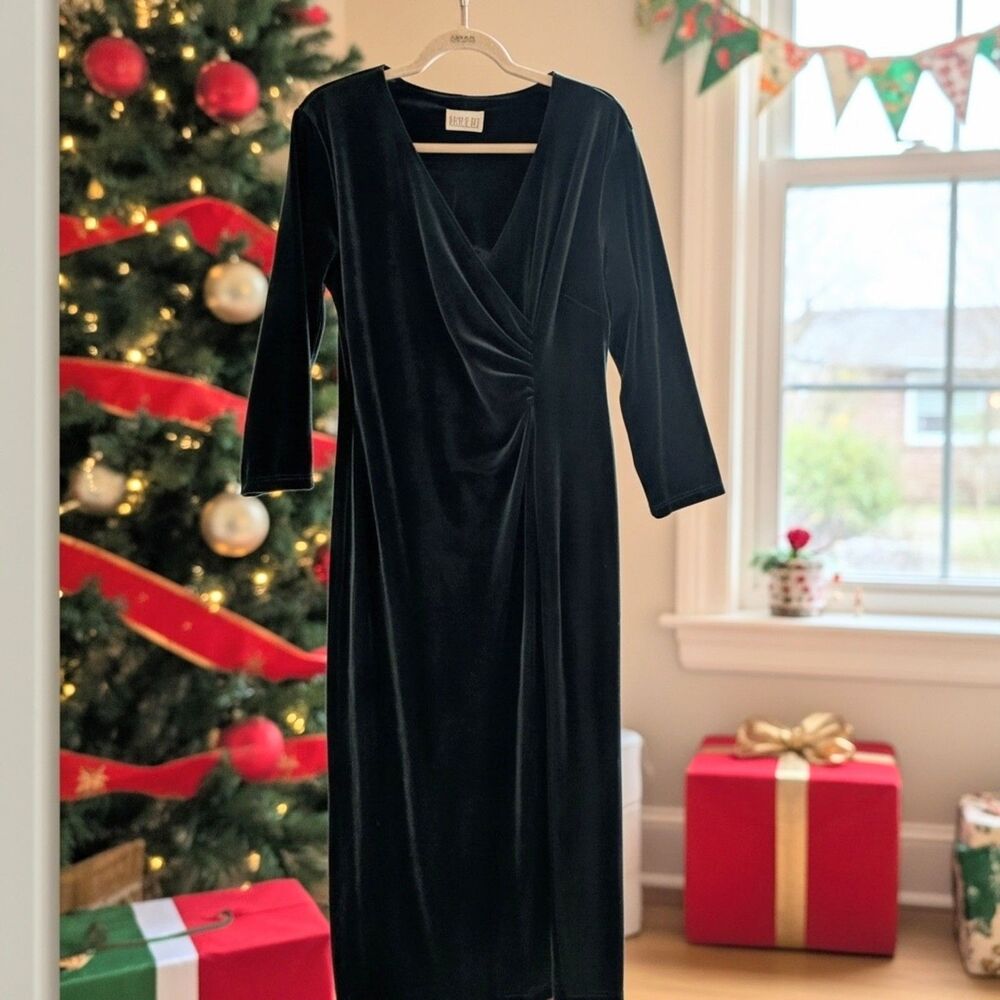 VTG Y2K Robbie Bee Velour Stretch Emerald Green Midi Dress M/L